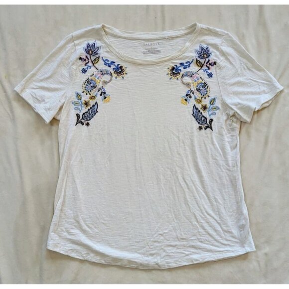 Talbots Embroidered Crewneck Tee Provencal Paisley White Floral Large - Picture 2 of 6